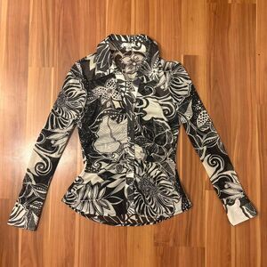 vintage 90s black and white sheer long sleeve floral formfitting collared blouse